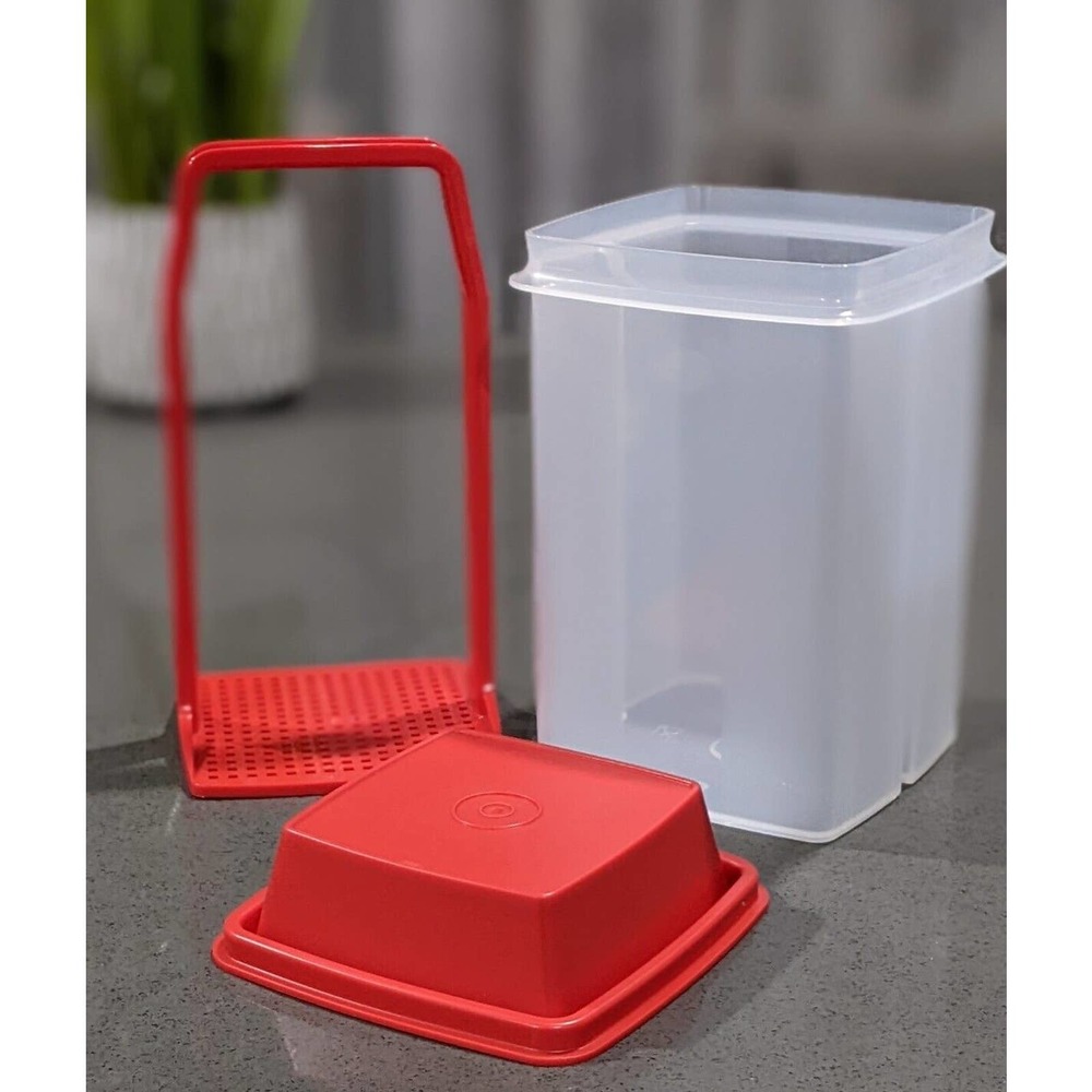 Tupperware Pick-A-Deli 8.5 Cup Square Pickle Container w/ Strainer Sheer Red